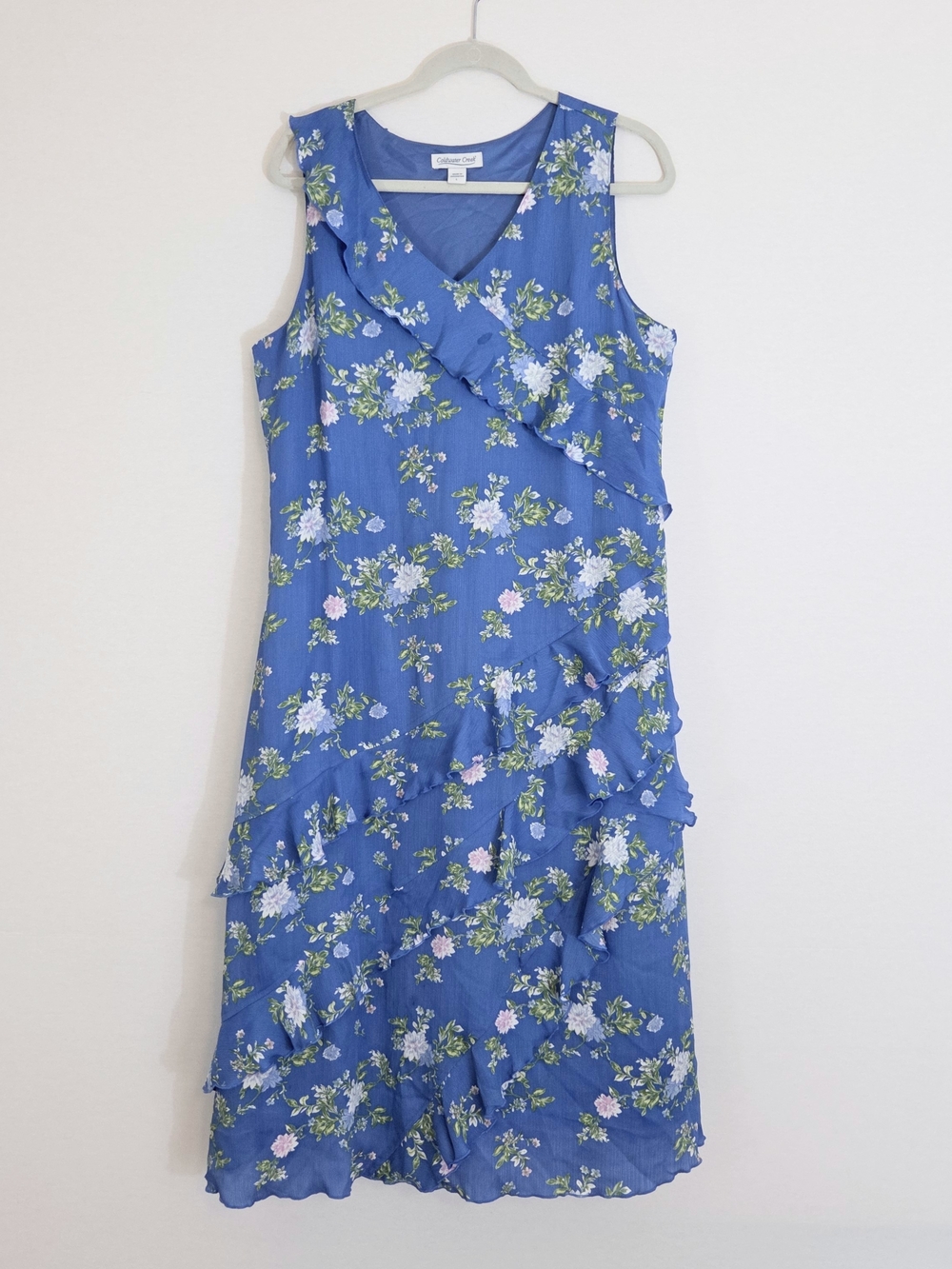 Coldwater Creek Blue Floral Ruffle Sleeveless Dress